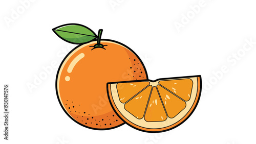 Vibrant illustration of a whole fresh orange with a green leaf and a single juicy slice, representing healthy citrus fruit and Vitamin C.