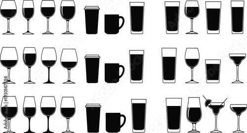 Collection of drink glasses and mugs silhouettes including wine beer coffee isolated on white