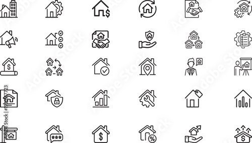 real estate and property investment line icon set, home outline vector