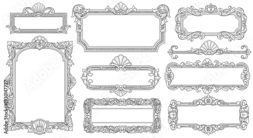 Collection of ornamental vintage frames, elegant decorative borders, and ornate rectangular and arched design elements for graphic design projects