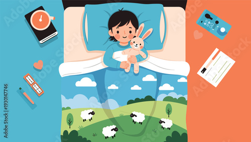 Overhead view of a young child sleeping soundly in bed with a stuffed rabbit toy, featuring a cute landscape with sheep on the soft blanket.