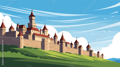 Grand medieval castle with multiple towers and fortified walls perched on a sloping green hill under a clear blue sky with stylized clouds.
