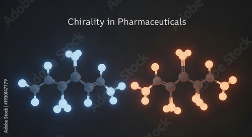 Molecular structures of chiral compounds in pharmaceuticals illustrated with glowing atoms and bonds in detail