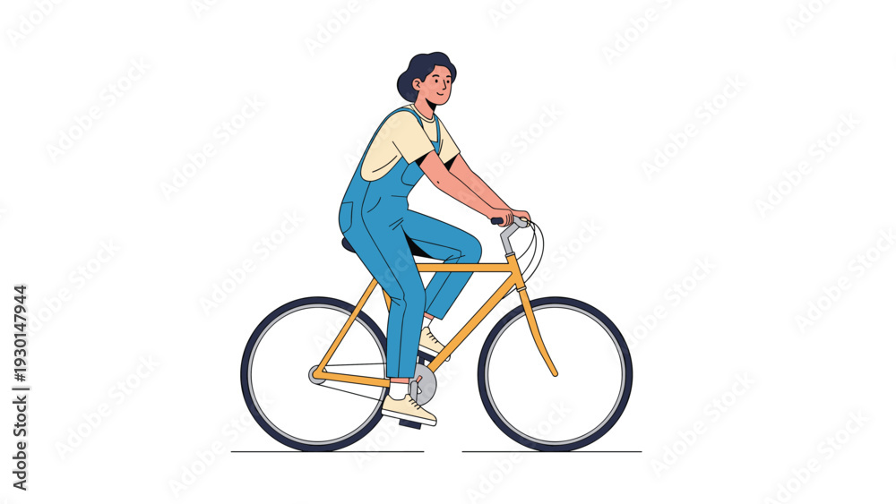 Obraz premium Cheerful woman in blue denim overalls riding a classic yellow bicycle, depicted in a clean flat illustration style on a white background.