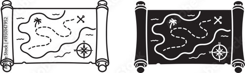 Treasure Map Scroll Vector Illustration in Line and Solid Style