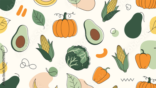 Seamless pattern of autumn harvest vegetables including pumpkins, corn, cabbage, and avocado in a stylized hand drawn aesthetic with soft tones.