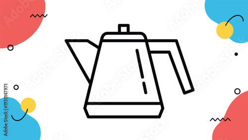 Minimalist black outline of a modern kettle or coffee pot set against a white background with colorful abstract circles and geometric shapes.