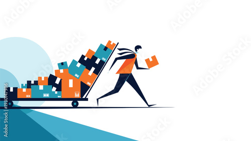 Dynamic illustration of a delivery man running quickly while pushing a cart filled with many packages, symbolizing fast shipping and service.