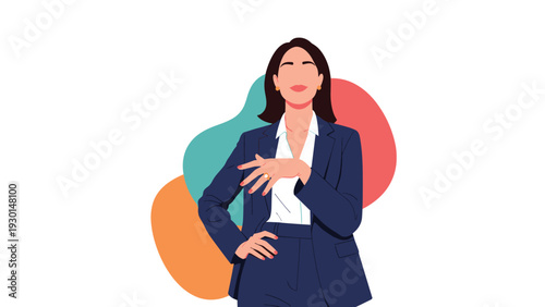 Confident businesswoman wearing a stylish dark blue suit and white shirt stands against a modern abstract colorful background.