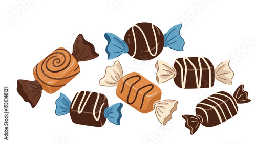 Assortment of gourmet wrapped chocolates and caramels featuring different decorative patterns and various delicious flavors.