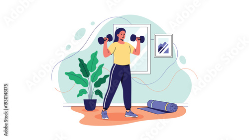 Young woman performing bicep curls with dumbbells in her home workout area featuring a yoga mat and indoor plants for fitness.