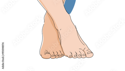 Close-up illustration of bare human feet crossed at the ankles against a clean white background showing toes and skin details.