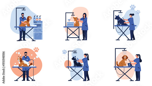 Professional groomers wash and brush various breeds of dogs at a grooming station to provide pet care and hygiene services.