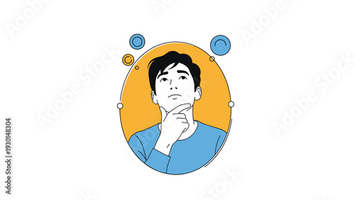 Young man looks upward thoughtfully with a hand on his chin surrounded by circular icons on a bright yellow background.