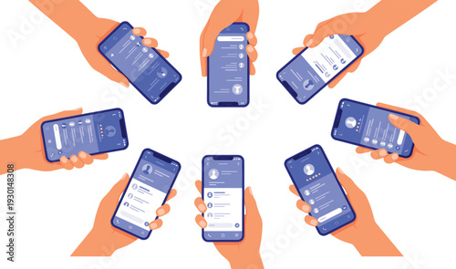 Hands holding smartphones with social media apps interface, mobile communication and online messaging concept, digital networking, chatting, technology connection and modern smartphone usage