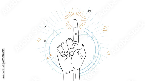 Hand with one index finger pointing upwards surrounded by glowing lines and geometric symbols representing an idea or first place.