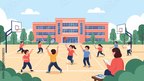 Group of children playing basketball and badminton in the schoolyard while a teacher watches and takes notes from a bench.
