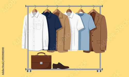 Men’s wardrobe clothing collection on rack with shirts, jackets, blazer, shoes and briefcase, modern fashion outfit illustration isolated on light background for business style concepts