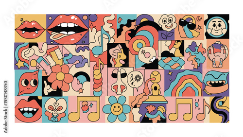 Vibrant pop art collage featuring lips, flowers, musical notes, rainbows, and various quirky characters in a modern aesthetic.