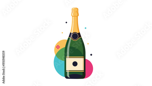 Green champagne bottle with a gold foil top set against a festive background of colorful circles and celebratory confetti shapes.