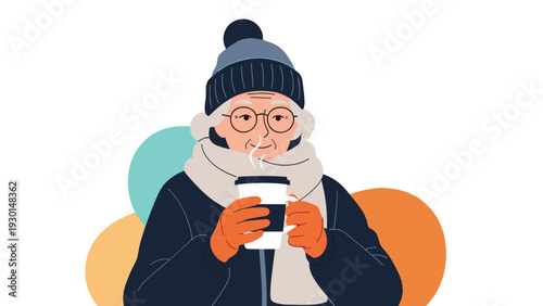 Kind elderly man wearing a warm hat, scarf, and gloves holds a steaming cup of coffee against a colorful abstract background.