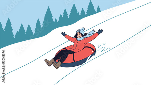 Happy woman enjoys snow tubing down a white slope with pine trees in the background during a fun winter vacation activity.