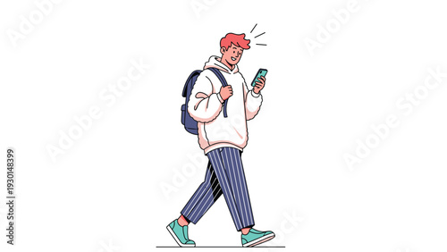 Young male student with a backpack walks while focused on his smartphone against a clean white background in a casual style.