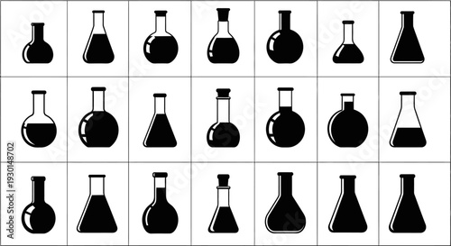 Collection of various black laboratory flask icons on white background for science and chemistry concepts