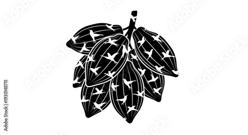 Black and white illustration of a hop cone on a stem used in beer brewing and floral arrangements