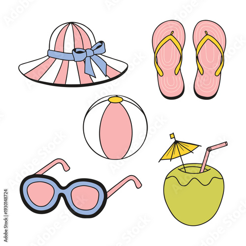 collection of summer vacation essentials including beach hats and sunglasses