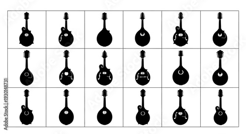 Collection of various black mandolin silhouettes on white background musical instrument icons