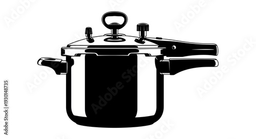 Black silhouette of a pressure cooker with lid and handles on a white background for cooking and kitchen concepts