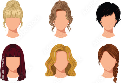 Women hairstyle collection featuring short, long, curly, braided and bun styles, modern female haircuts illustration isolated on light background for beauty salon, fashion and styling design