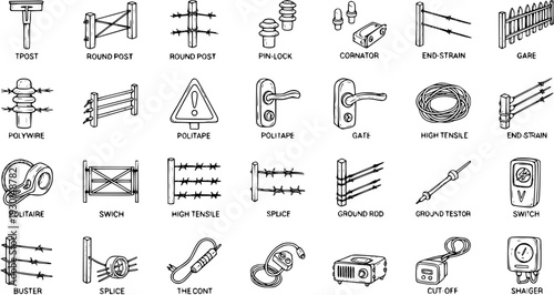 Hand-drawn Electric Fence Components and Tools Sketch Set