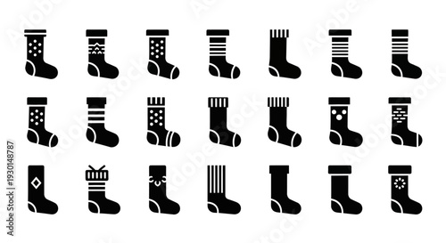 Collection of black sock icons with various patterns and designs on white background for fashion and apparel use