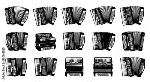 Collection of 16 black and white illustrations of kitchen whisks in various styles on a white background showcasing different perspectives and shading techniques