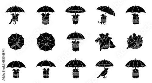 Black silhouettes of umbrellas with various objects and animals creative symbols and icons set