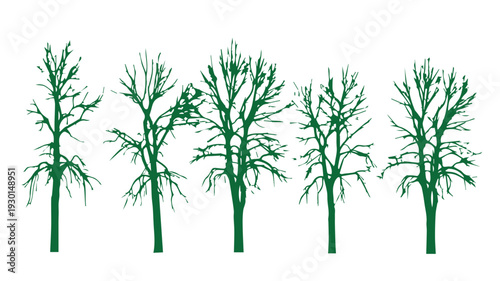 Set of stylized green leafless trees
