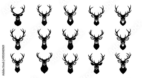 Collection of 15 black deer head silhouettes with antlers in grid pattern on white background varying antler shapes and sizes