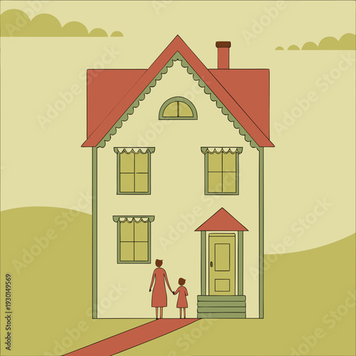 Illustration of a woman and child standing in front of a house  