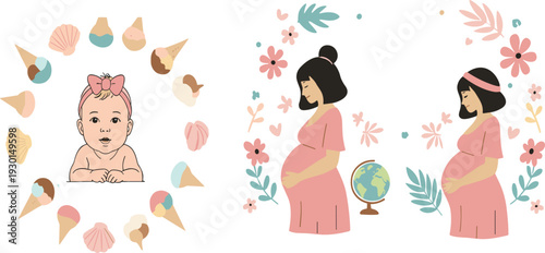 Pregnancy and Motherhood Vector Set with Expecting Woman Baby Girl and Floral Elements Soft Pastel Illustration
