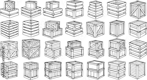 Hand Drawn Wooden Boxes and Crates Set. Collection of Various Cargo, Storage, and Shipping Containers in Sketch Style, Isometric Line Art for Games or Logistics