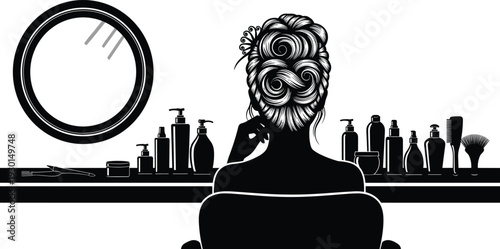 Black vector silhouette of a woman sitting at a vanity mirror with various beauty products for hair salon and branding