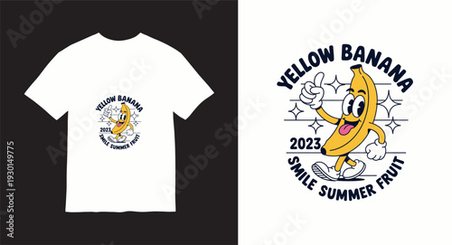 Retro cartoon yellow banana character t-shirt design with vintage mascot illustration for summer fruit apparel and streetwear style