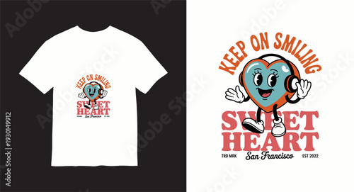 Keep on smiling sweetheart heart character with headphones vintage cartoon mascot for retro clothing and romantic theme apparel