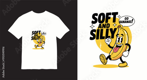 Soft and silly banana character mascot graphic for vintage aesthetic clothing and modern streetwear apparel design