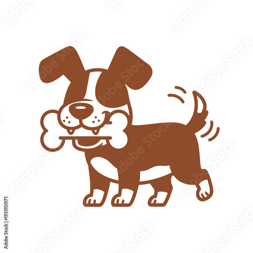Cute brown dog carrying bone in mouth in playful cartoon style