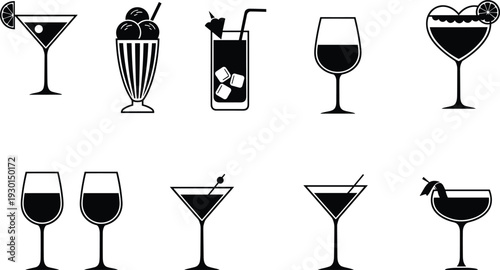 Drink glass silhouettes, cocktail icons, wine glasses, tropical beverages, milkshake illustration, bar menu design, party drinks, beverage collection, stylish drinkware
