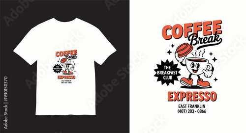 Cute coffee cup character serving expresso in a retro style