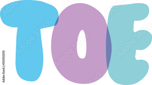 Toe word art in soft blue and purple, rounded playful font with transparent background for children's learning or simple design